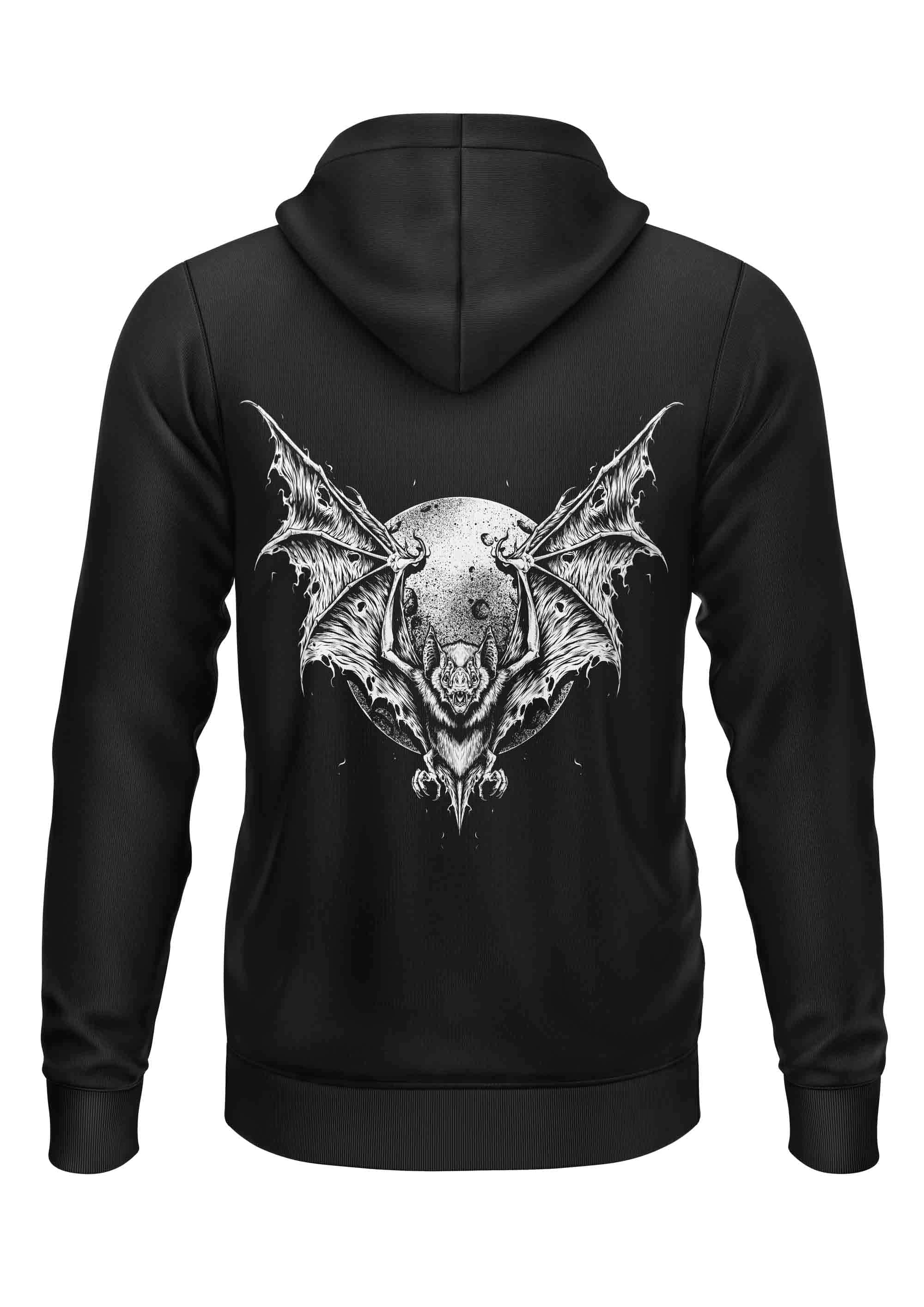 Schwarzer zip-up hoodie night stalker mit weißem backprint zeigt fledermaus, schädel und mond gaia lizenzierte bekleidung